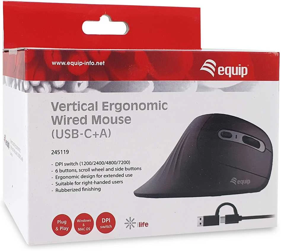 Equip Ergonomiška Pelė USB-A/-C Stker 1.80m Rechts juodas