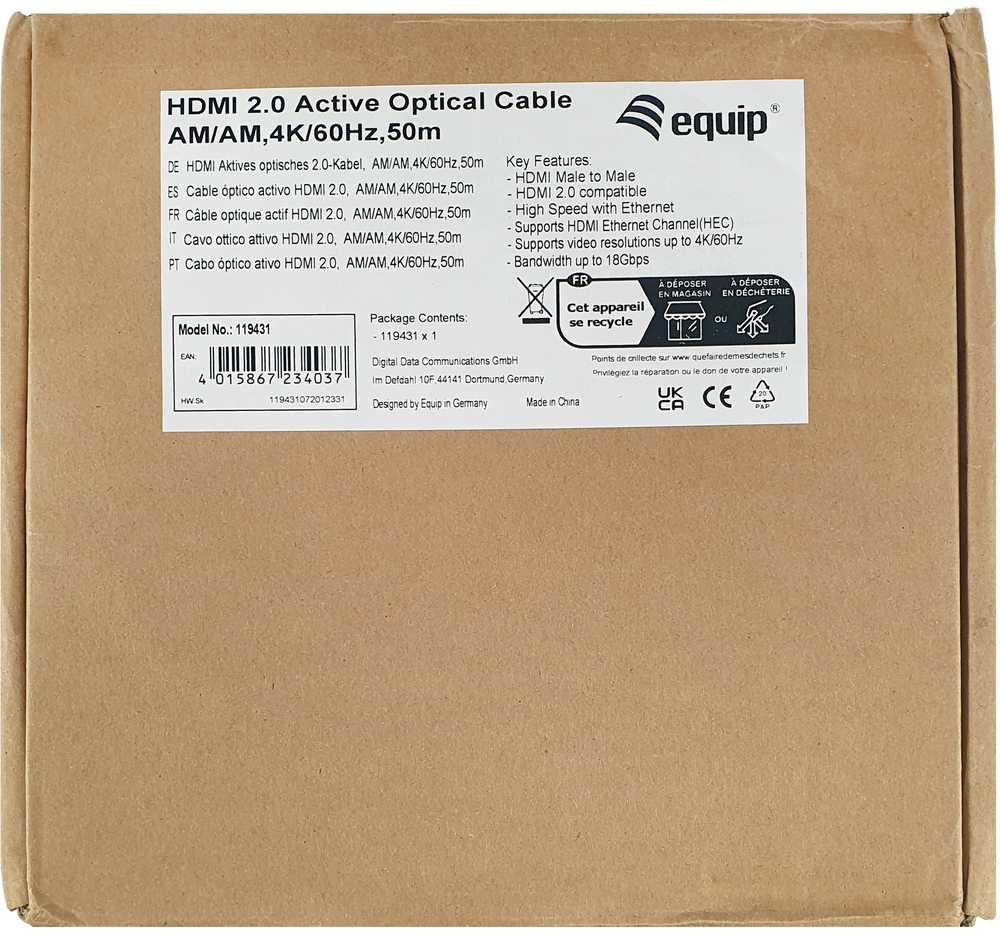 Equip 119433 HDMI kabelis 100 m HDMI A tipo (standartinis) Juoda