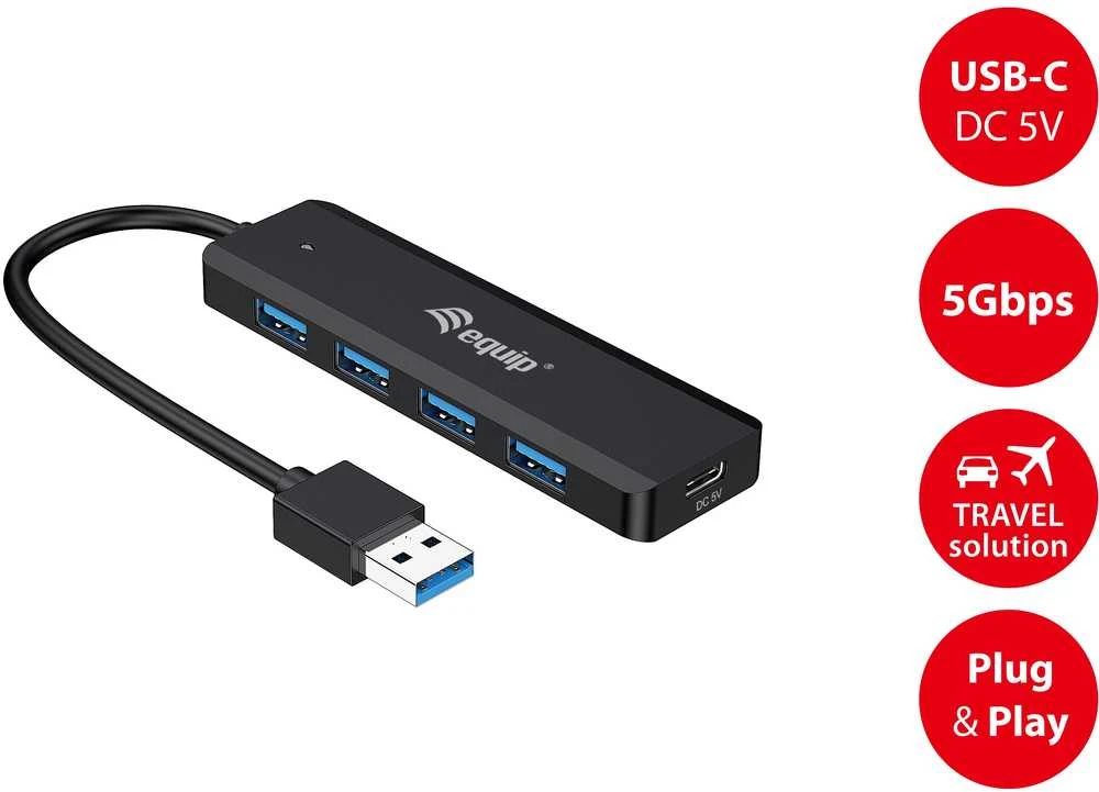 Equip Įrengti USB-Hub 4-Port 3.2 ->4x3.0 +USB-C Adp.5Gbps o.Netz.sw