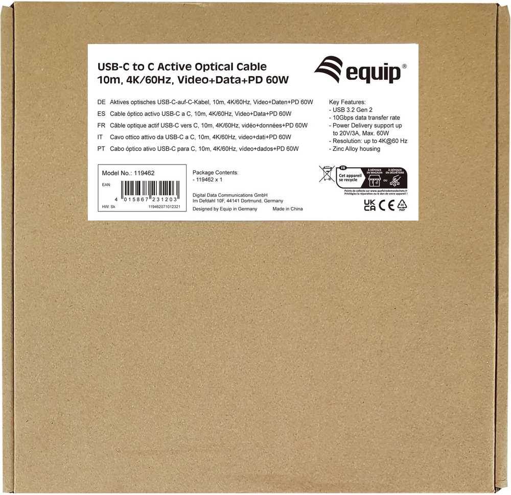 Equip 119462 USB kabelis USB 3.2 Gen 2 (3.1 Gen 2) 10 m USB C Juoda