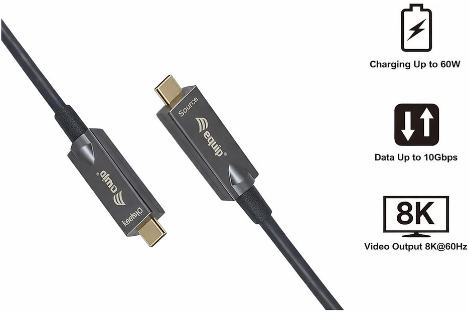 Kabelis USB Equip USB-C3.2->C AOC 8K PD60W St/St 15.00m juodas (119469)