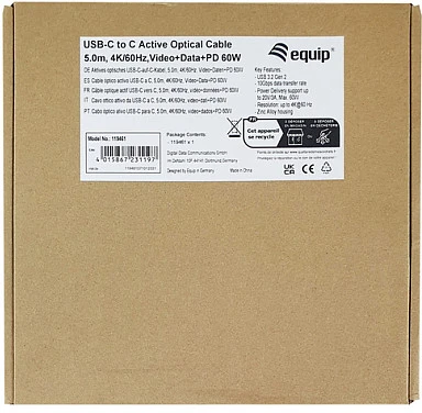 Kabelis USB Equip USB-C3.2->C AOC 8K PD60W St/St 15.00m juodas (119469)