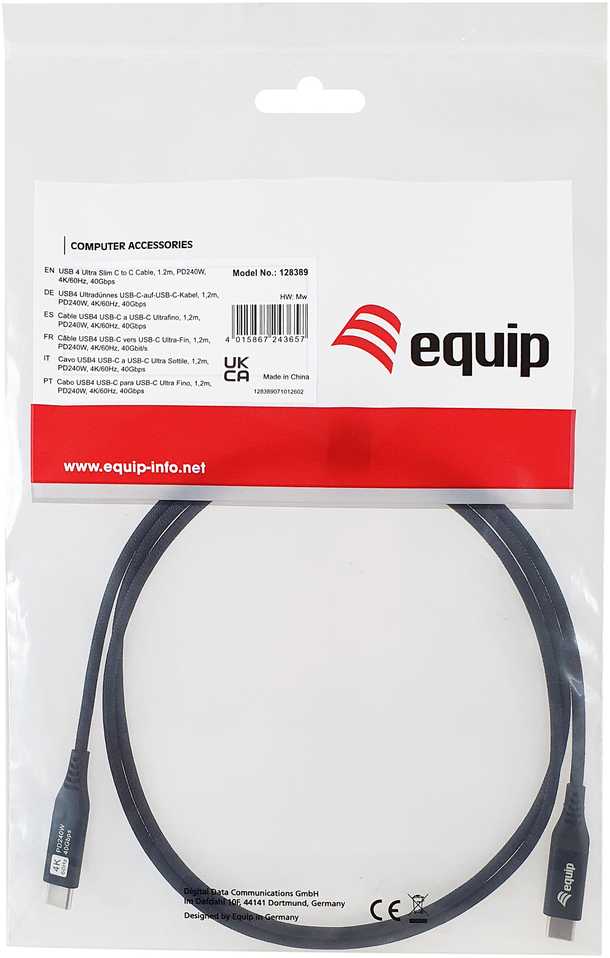Equip Kabelis USB-C4.0->C Slim PD240W St/St 1.20m juodas