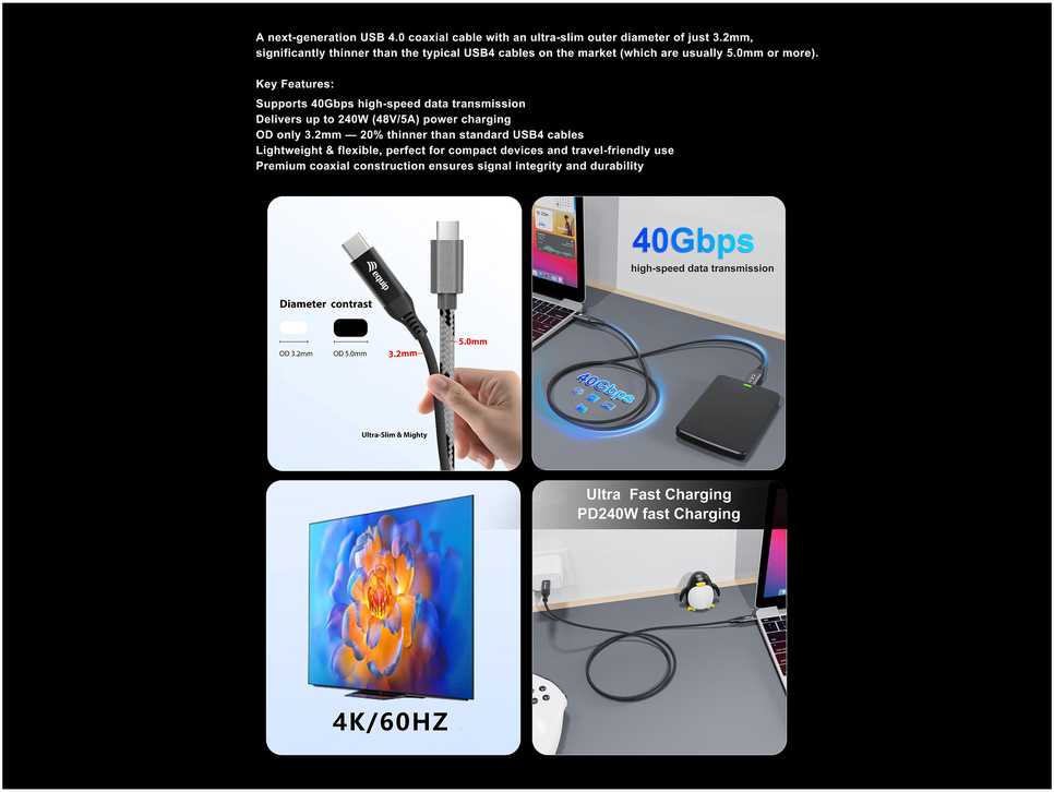 Equip Kabelis USB-C4.0->C Slim PD240W St/St 1.20m juodas