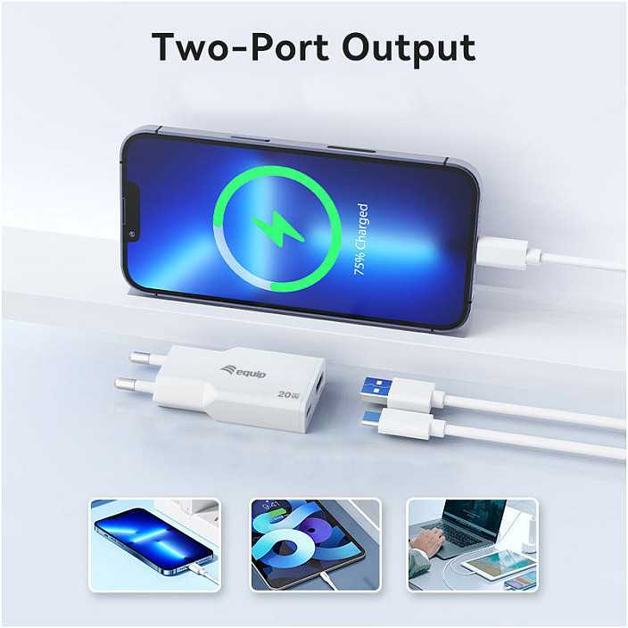 Įkroviklis Equip GaN Slim 1 USB-A 1 USB-C Baltas (245522)