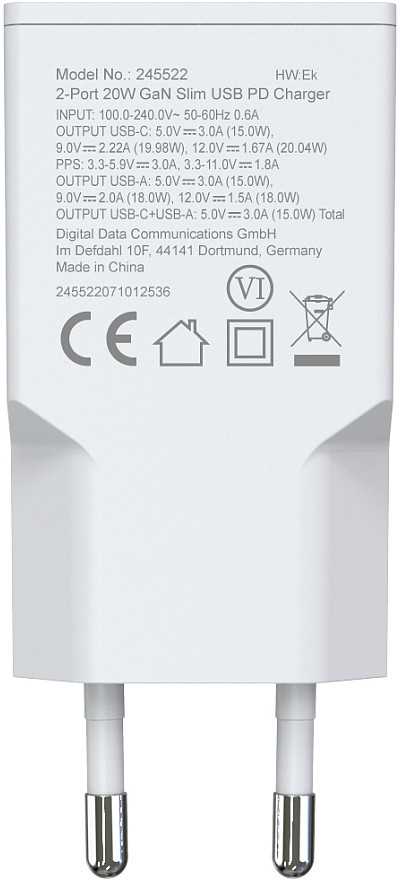 Įkroviklis Equip GaN Slim 1 USB-A 1 USB-C Baltas (245522)