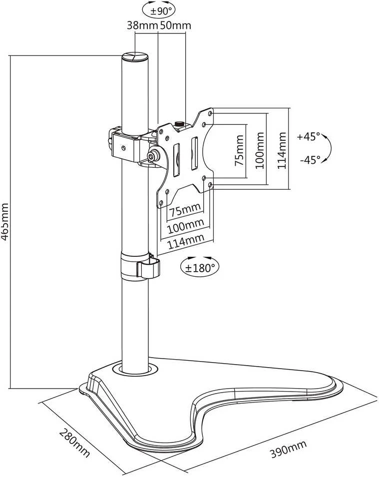 Laikiklis Equip 13"-32" pasukamas monitoriaus stalo stovas, 75 x 75 mm, 100 x 100 mm, -45 - 45°, -90 - 90°, aliuminis, plastikas, juodas