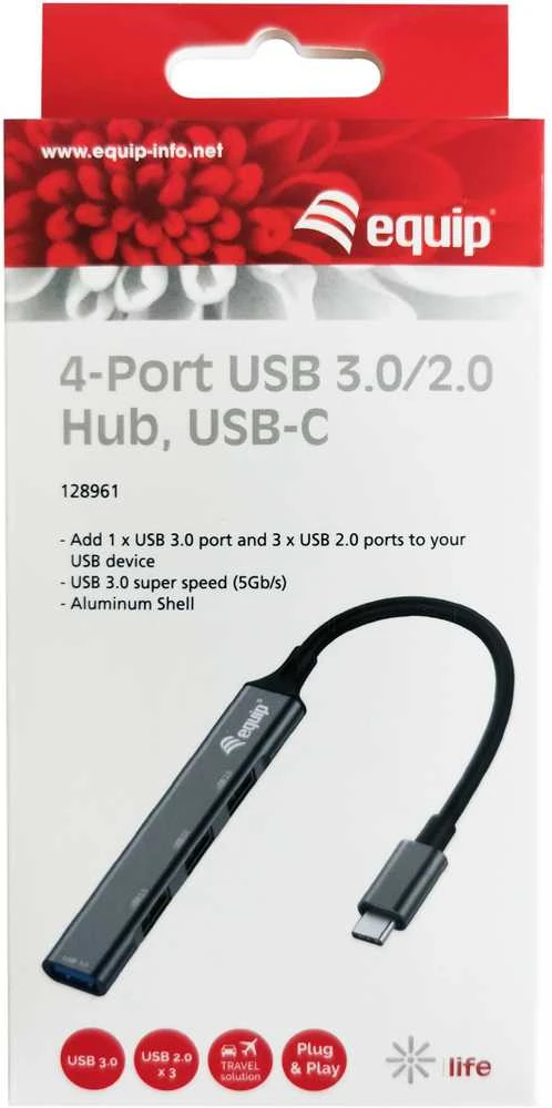 Equip 4-port USB-C šakotuvas pakuotėje