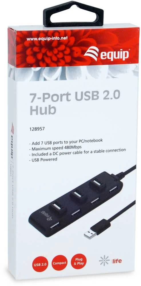 Equip 7 prievadų USB 2.0 šakotuvas, USB 2.0, USB 2.0, 480 Mbit/s, juodas, Kinija, CE, RoHS