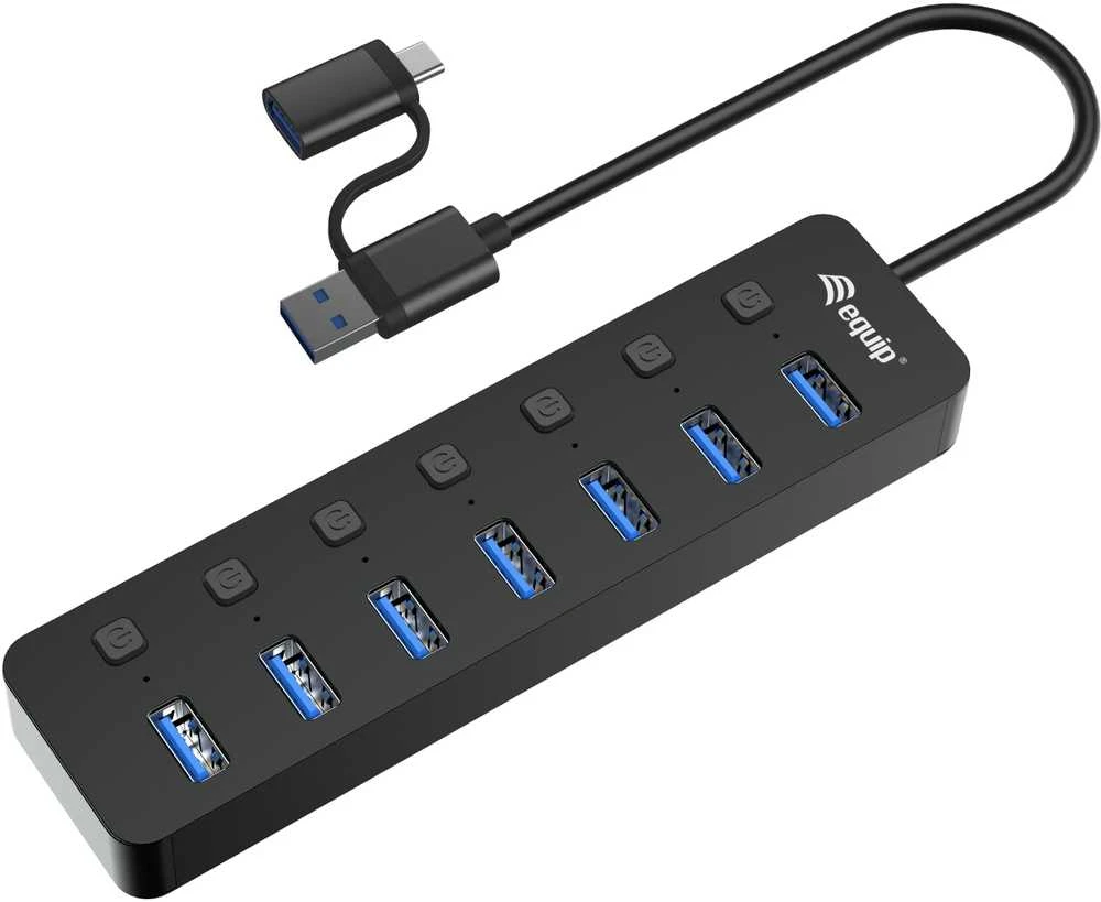Equip USB 3.2 7 prievadų skirstytuvas su atskirais jungikliais