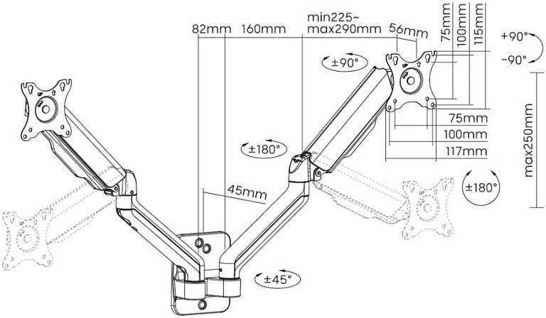Sieninis laikiklis Equip 17"-32"/2TFT 180°GF 2Joints 9Kg sw lite mažmeninė prekyba