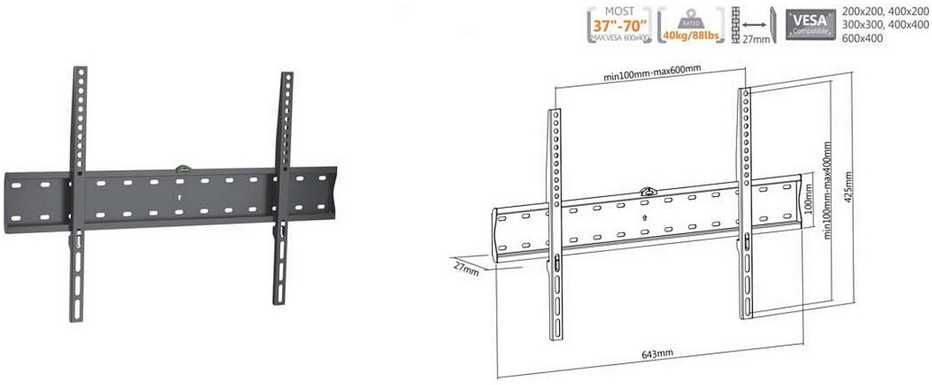 Equip Equip televizoriaus laikiklis prie sienos 37"-70" / 1TFT 40 kg fiksuotas, juodas