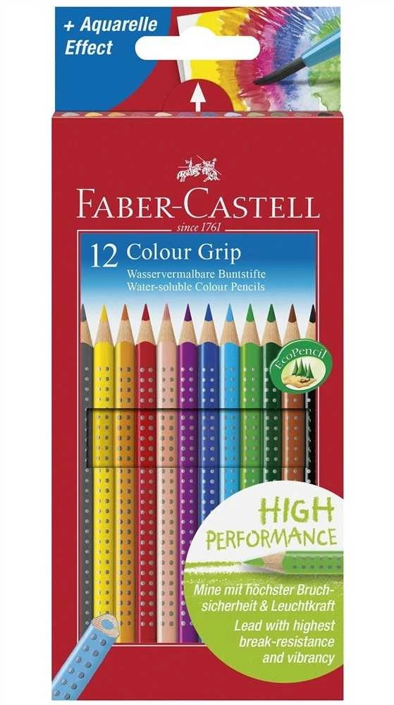 Spalvoti akvareliniai pieštukai Faber-Castell Grip, tribriauniai, 12 spalvų