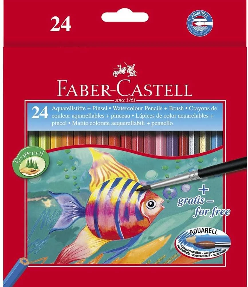 Spalvoti akvareliniai pieštukai su teptuku Faber-Castell Fish, 24 spalvos