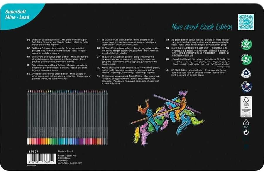 Spalvoti pieštukai Faber-Castell Juodas Edition, 36 pastelinių spalvų, metalinėje dėžutėje