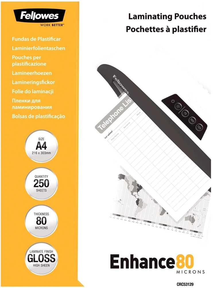 Fellowes A4 blizgus 80 mikronų laminavimo maišelis - 250 pak