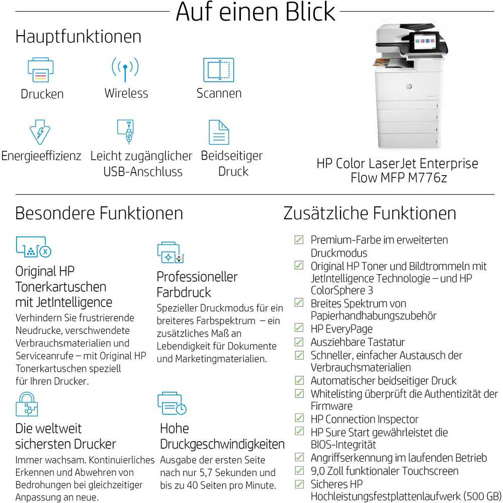 Hewlett Packard (HP) HP Color LaserJet Enterprise Flow MFP M776z AIO All-in-One Spausdintuvas - A3 Color lazerinis, Spausdinti/Kopijuoti/Dual-Side Scan/Faksas, Automatinis dokumentų tiektuvas, Auto-Duplex, LAN, WiFi, 46ppm, 200000 puslapių per mėnesį (pakeičia M775z)