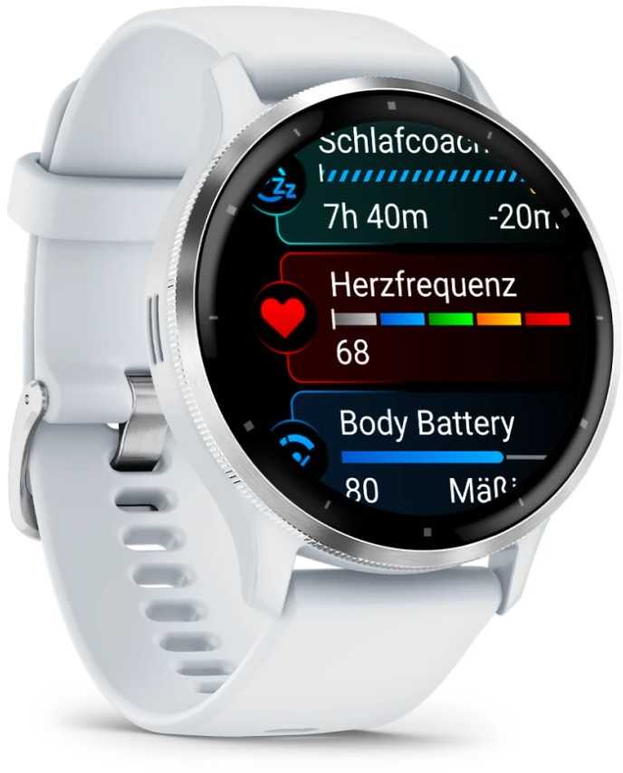 Išmanusis laikrodis Garmin Venu® 3, 45 mm, Sidabro spalvos nerūdijančiojo plieno apvadas su baltojo akmens korpusu ir silikoniniu dirželiu
