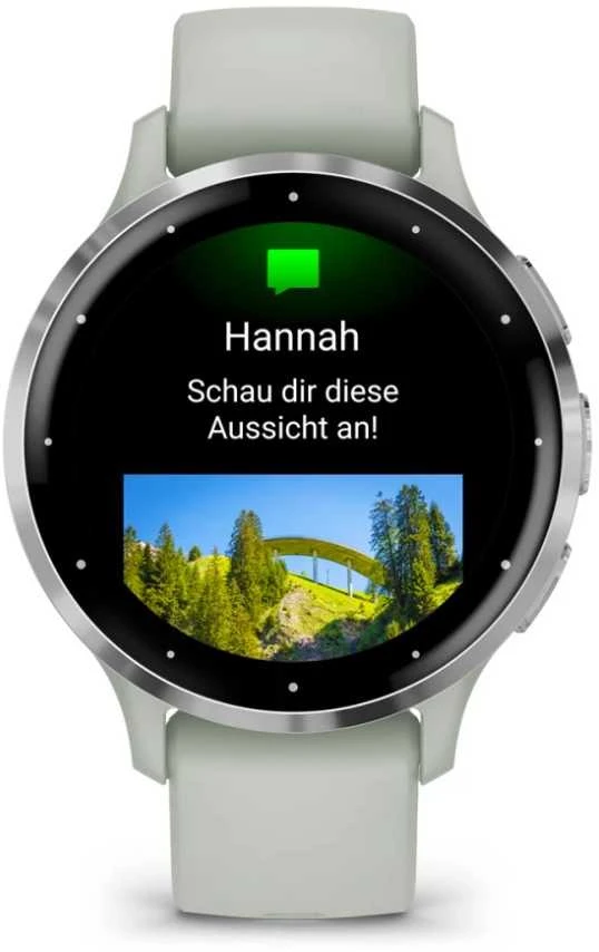Išmanusis laikrodis Garmin Venu® 3S, Sidabro spalvos nerūdijančiojo plieno apvadas, su žaliai pilkos spalvos korpusu ir silikoniniu dirželiu
