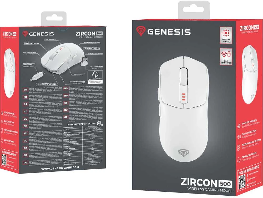 Genesis Zircon 500 G2 | Pelė žaidimams | Wireless/su laidu | 2.4 GHz, Bluetooth, USB | Baltas