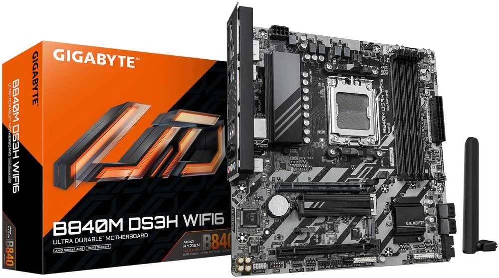 Pagrindinė plokštė „Gigabyte B840M DS3H WIFI6“ (1.1 rev.) | Procesorių šeima AMD | Procesoriaus lizdas AM5 | DDR5 | Palaikomos kietojo disko sąsajos SATA, M.2 | SATA jungčių skaičius 4