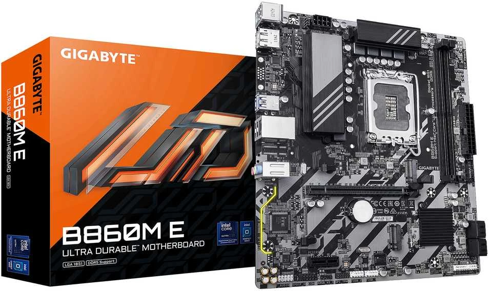 Pagrindinė plokštė „Gigabyte B860M E“ | Procesorių šeima „Intel“ | Procesoriaus lizdas LGA1851 | DDR5 | Palaikomos standžiojo disko sąsajos SATA, M.2 | SATA jungčių skaičius: 4