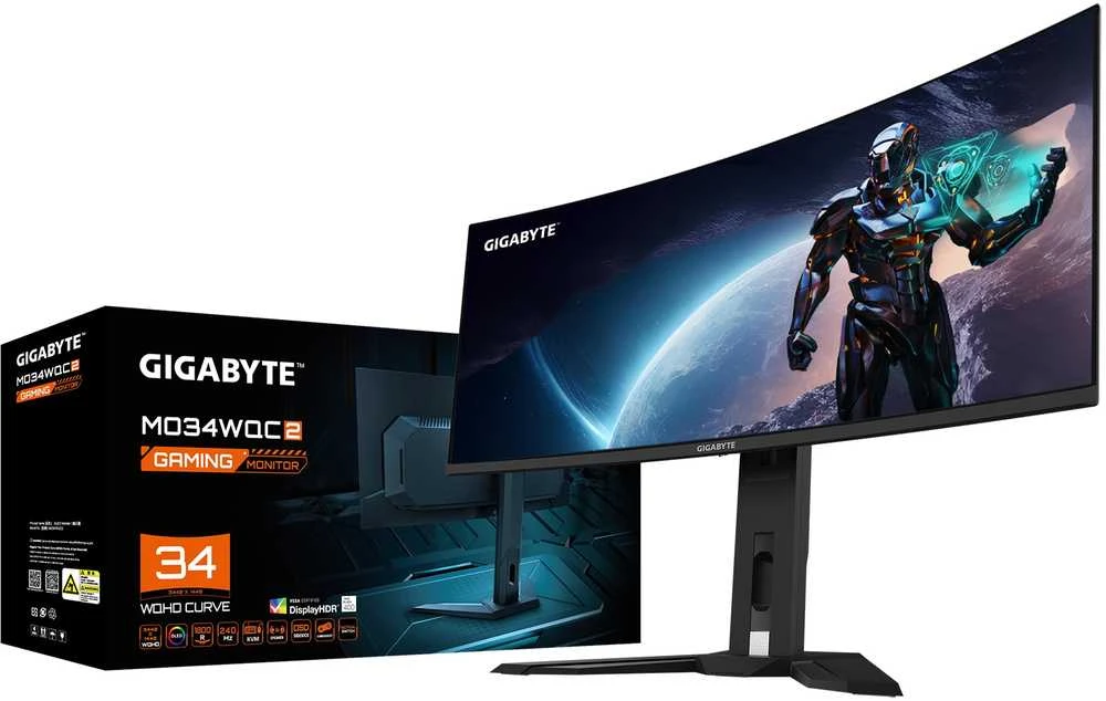 Monitorius Gigabyte | MO34WQC2 EK1 | 34" | OLED | WQHD | 240 Hz | 0,03 ms | 3440 x 1440 pikselių | 250 cd/m² | HDMI jungčių kiekis: 2