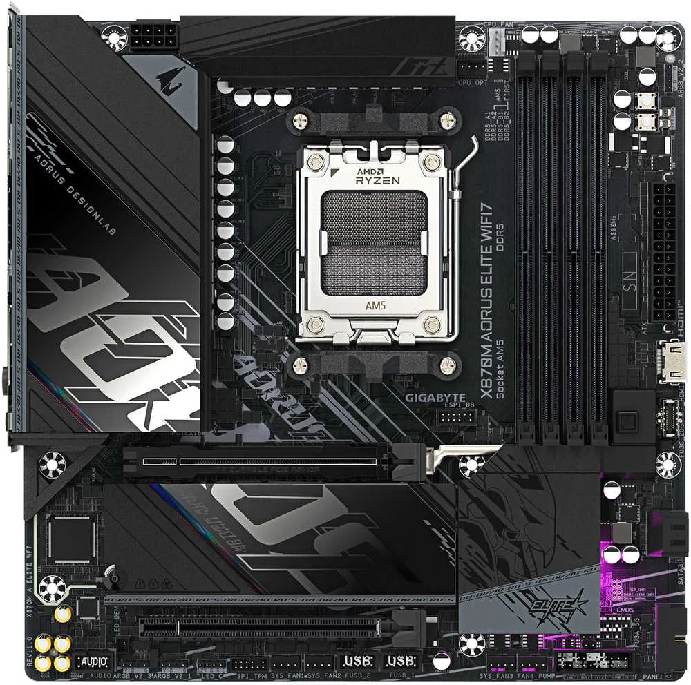 Pagrindinė plokštė „Gigabyte X870M AORUS ELITE WIFI7“ | Procesorių šeima AMD | Procesoriaus lizdas AM5 | DDR5 | Palaikomos kietojo disko sąsajos SATA, M.2 | SATA jungčių skaičius 2