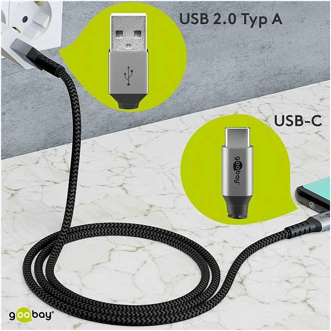 Goobay USB-C į USB-A su metalinėmis jungtimis, pilka, 0,5m