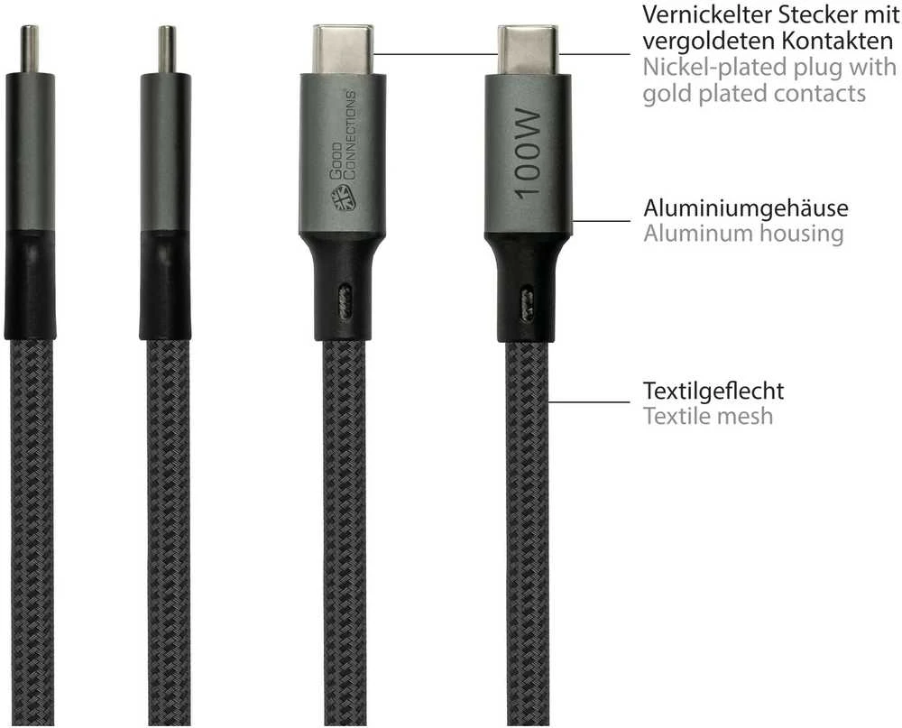 Nezatříděno GoodConnections USB-C 4.0 (ST-ST) 1,8 m jungiamojo kabelio tekstilinis apvalkalas 100 W 8K 30 Hz antracitas