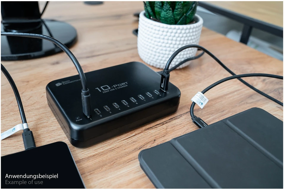 Good Connections GC USB stalinio kompiuterio greito įkrovimo stotelė 200 W, 10 prievadų (10x USB-C™), juoda