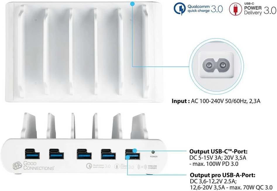 Good Connections Geros jungtys Geros jungtys USB-Desktop-Schnellladestation 110W 10-Port (5x USB-C 5x USB-A)