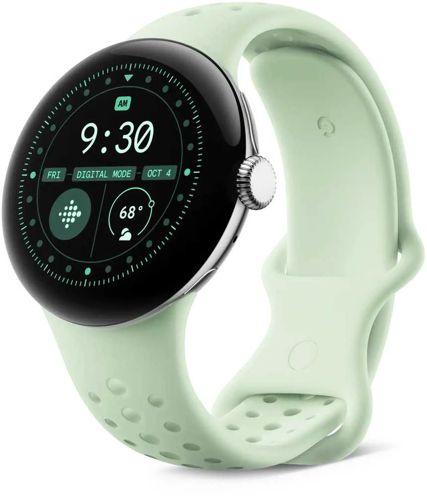 „Google Pixel Watch 3“ (45 mm). Aktyvus sportinis dirželis. Žiemiškai žalias. S