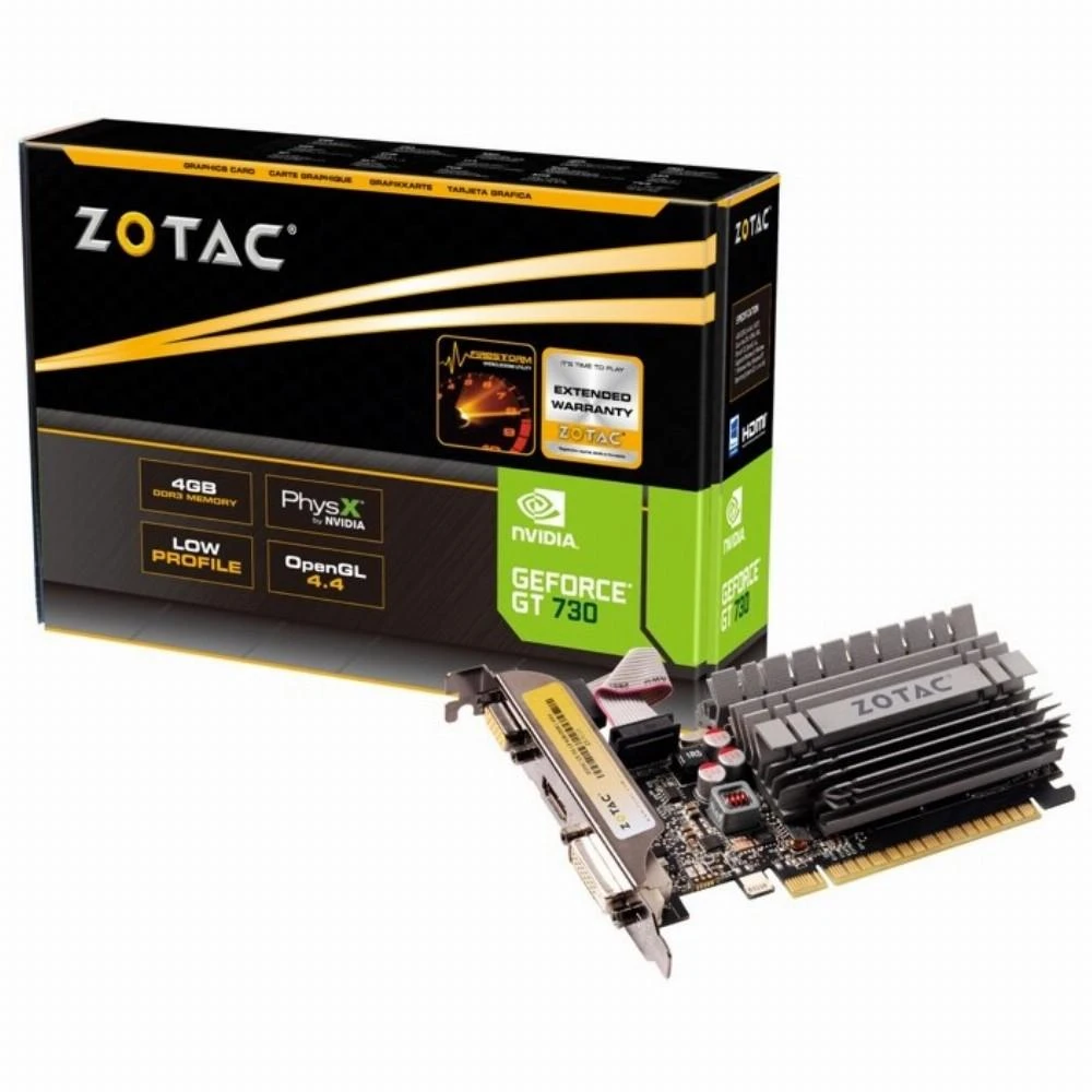 ZOTAC GeForce GT 730 ZONE Edition žemo profilio vaizdo plokštė, 4 GB DDR3 (64 bitų), HDMI, DVI, VGA