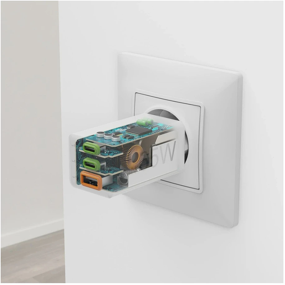Hama mini GaN 65W PD/QC 2x USB-C, 1x USB-A balta