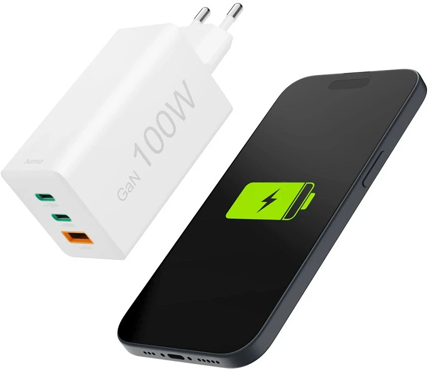 Hama mini 100W GaN PD/QC 2x USB-C, 1x USB-A balta