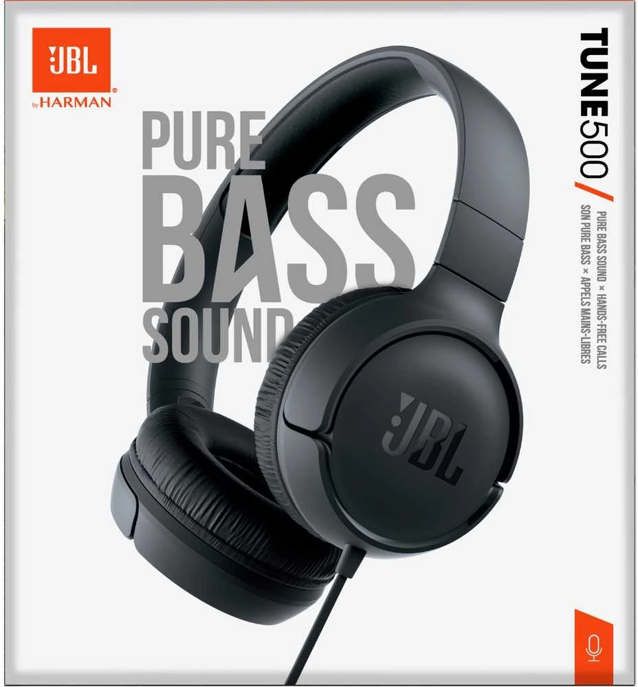 Lengvos ir patogios Ausinės JBL Tune 500 Pure Bass sound su mikrofonu, juodos
