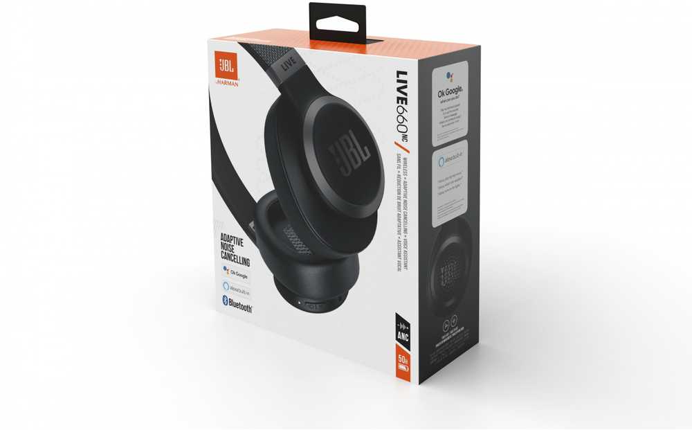 Belaidės ausis apgaubiančios triukšmą slopinančios Ausinės JBL Live 660NC, Juoda