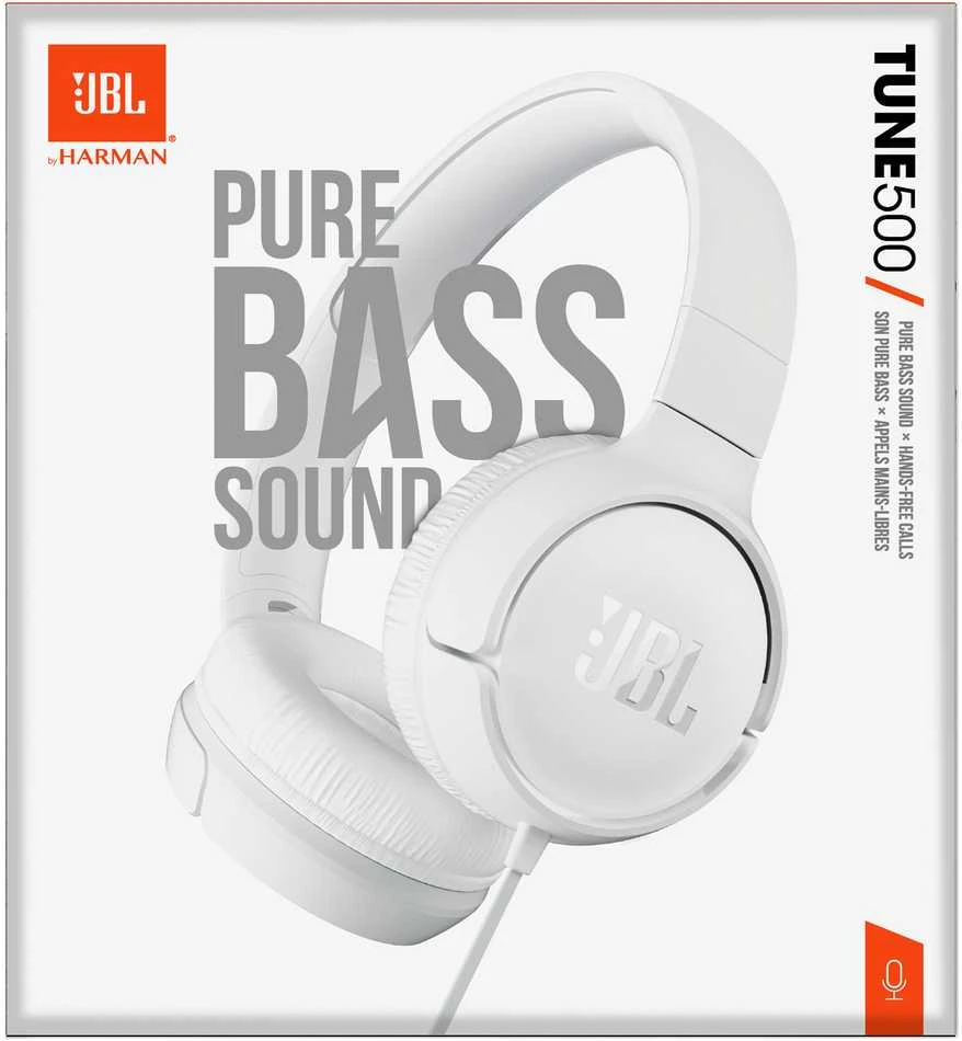 Lengvos ir patogios Ausinės JBL Tune 500 Pure Bass sound su mikrofonu, Baltos