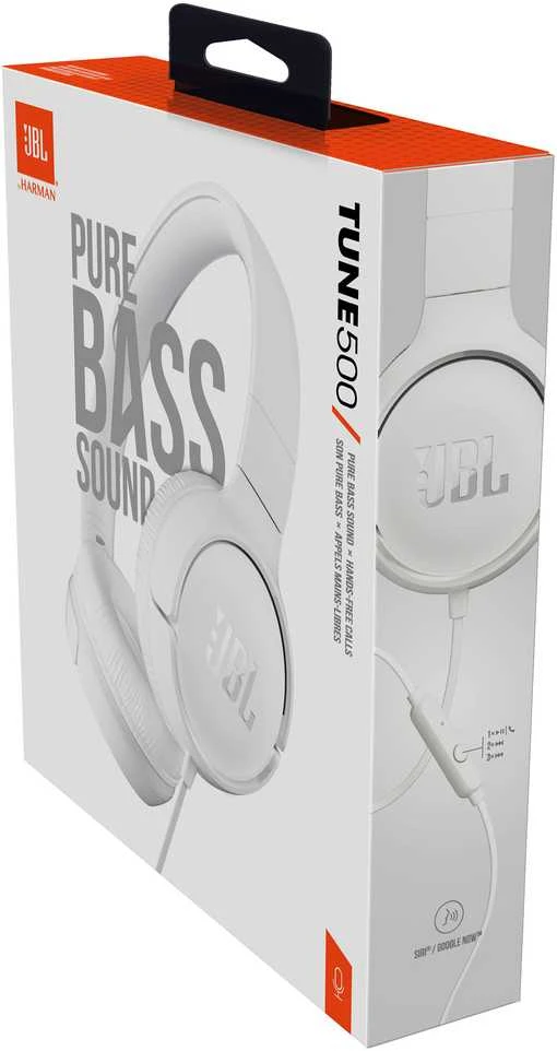 Lengvos ir patogios Ausinės JBL Tune 500 Pure Bass sound su mikrofonu, Baltos