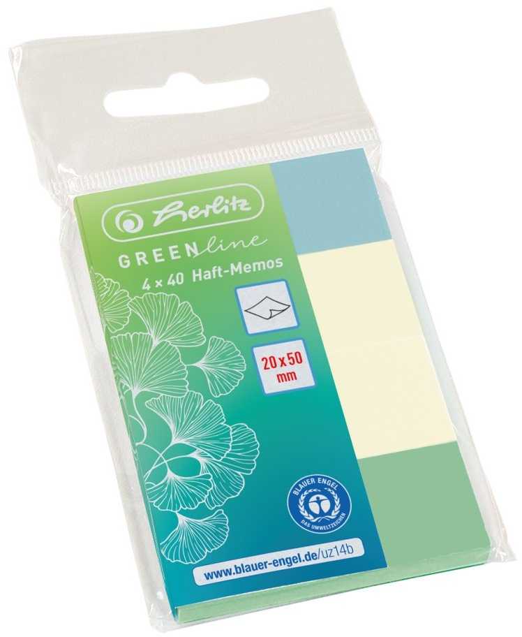 Herlitz „Post-it“ lipnūs lapeliai 20x50 mm, 4x40 lapų, GREENline*, įvairių spalvų