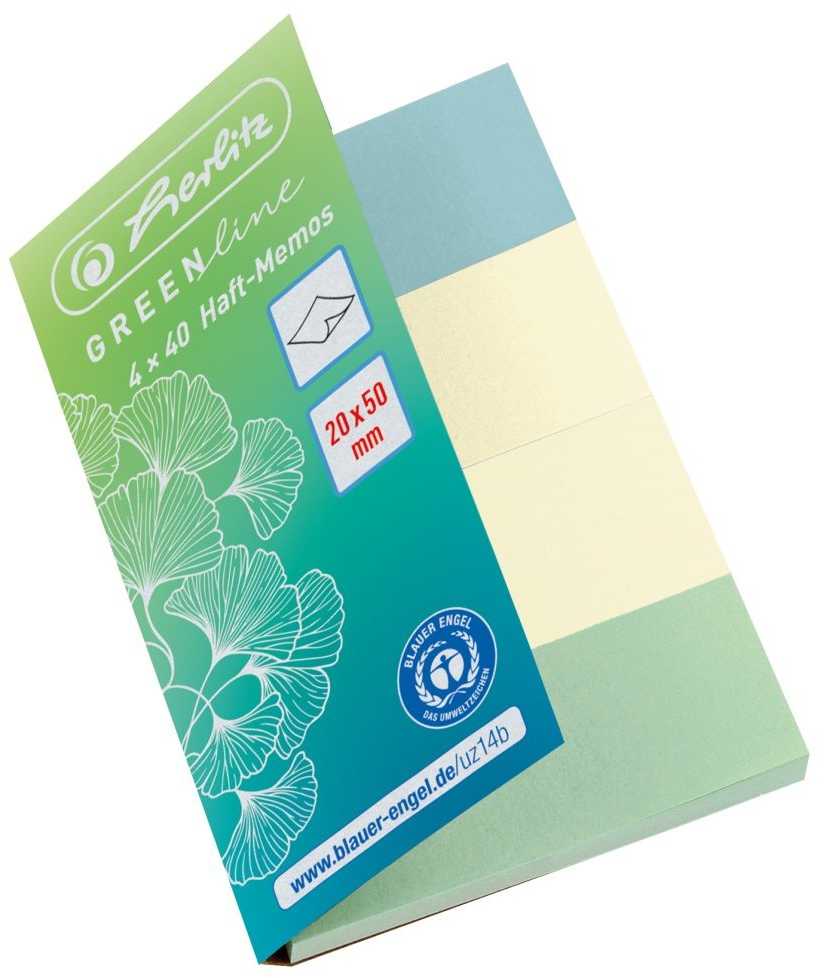 Herlitz „Post-it“ lipnūs lapeliai 20x50 mm, 4x40 lapų, GREENline*, įvairių spalvų