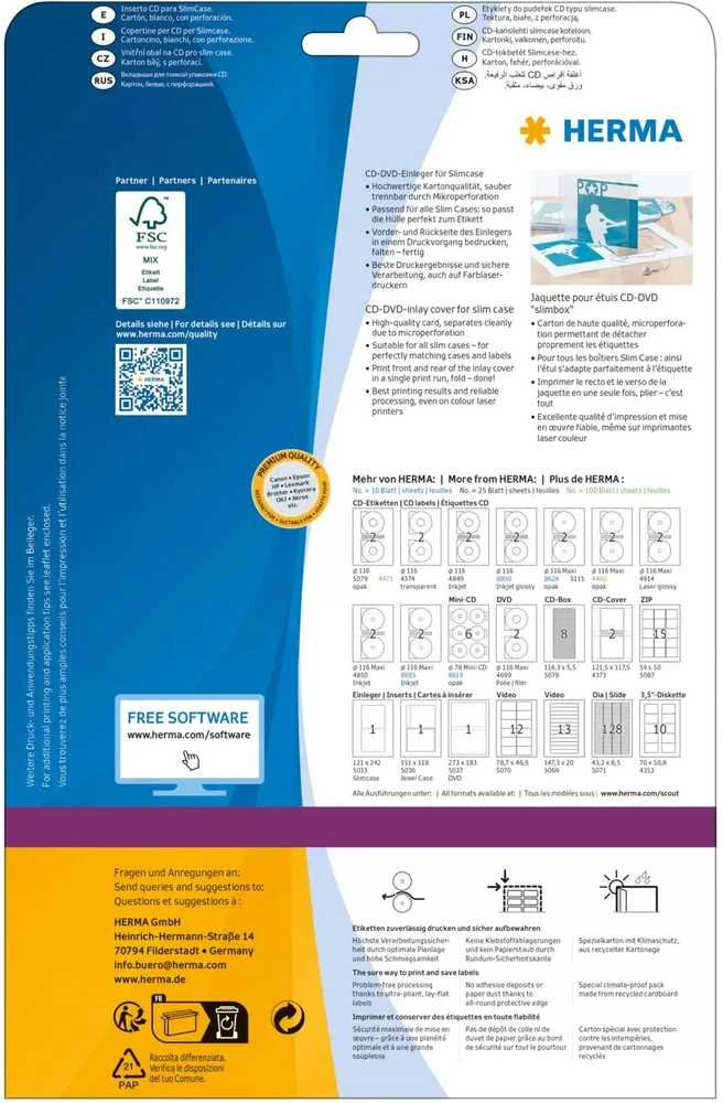 Herma Cardboard įdėklai 5033, A4, CD ir DVD dėklams, balta, be klijų, 121 x 242 mm, plonas dėklas, 25 vnt (5033)