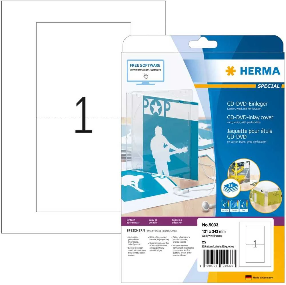 Herma Cardboard įdėklai 5033, A4, CD ir DVD dėklams, balta, be klijų, 121 x 242 mm, plonas dėklas, 25 vnt (5033)