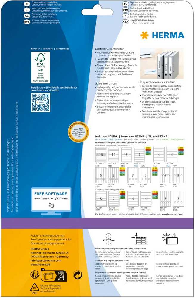 HERMA Spine insert labels A4 190x30 mm baltas cardboard perforated non-adhesive 225 pcs. - Baltas - Non-adhesive spausdintuvas label - A4 - Cardboard - lazerinis/Inkjet - Rectangle