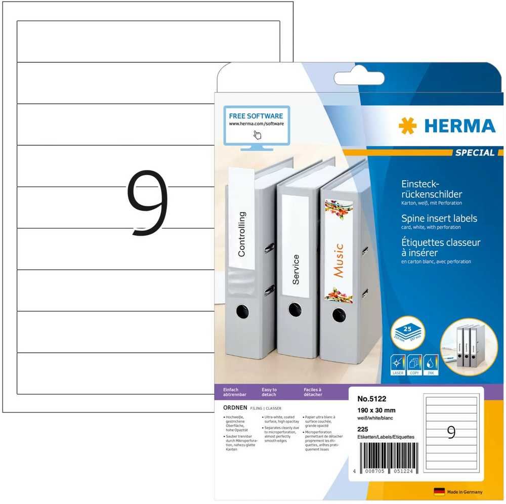 HERMA Spine insert labels A4 190x30 mm baltas cardboard perforated non-adhesive 225 pcs. - Baltas - Non-adhesive spausdintuvas label - A4 - Cardboard - lazerinis/Inkjet - Rectangle