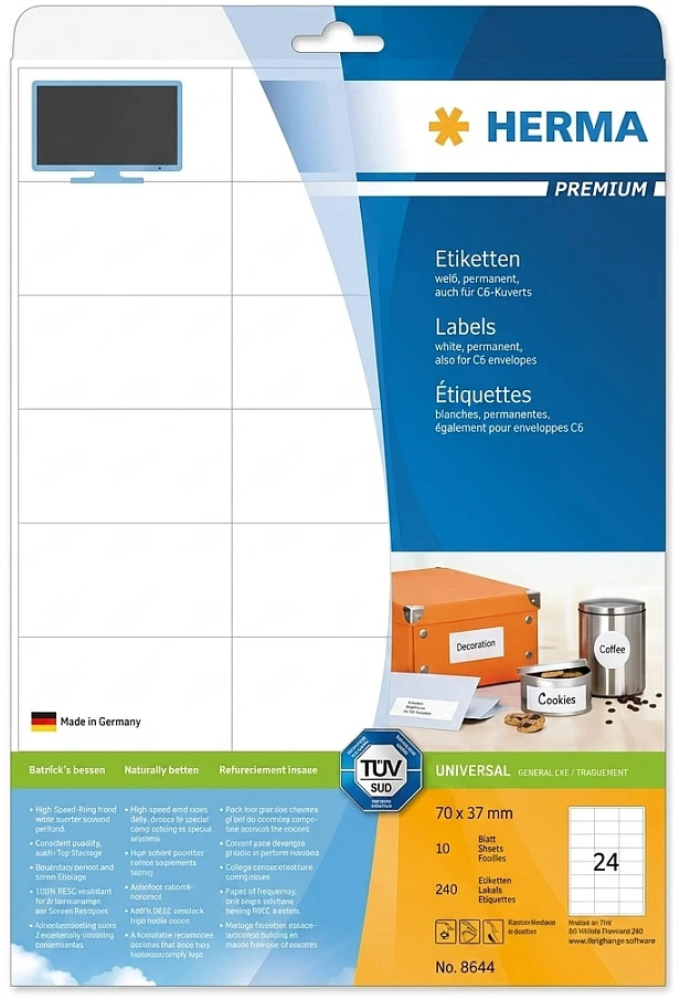 Herma Etiketės 70x37 baltos, 10 lapų, DIN A4, 240 vnt. 8644