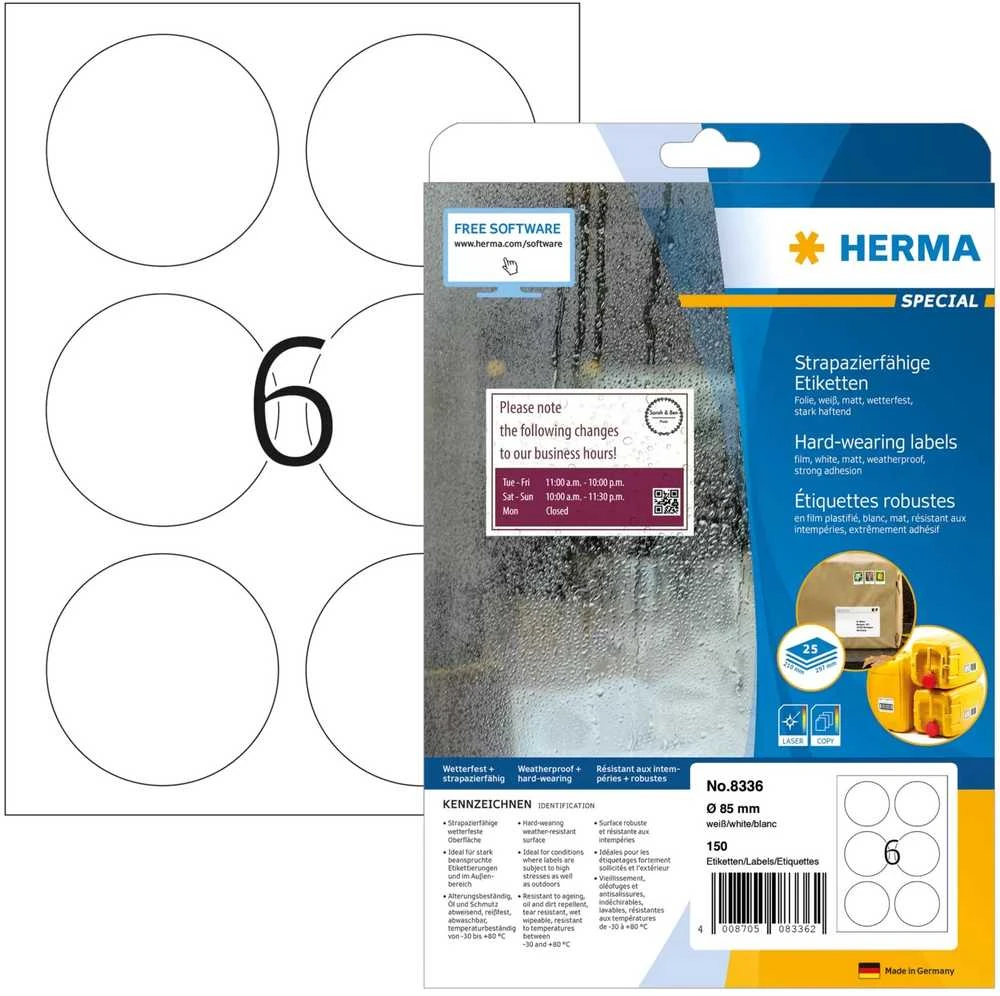 Herma Lipnios etiketės su apvalus 8336 poliesterio plėvelė, A4, Ø 85 mm, balta matinė plėvelė, 150 vnt (8336)
