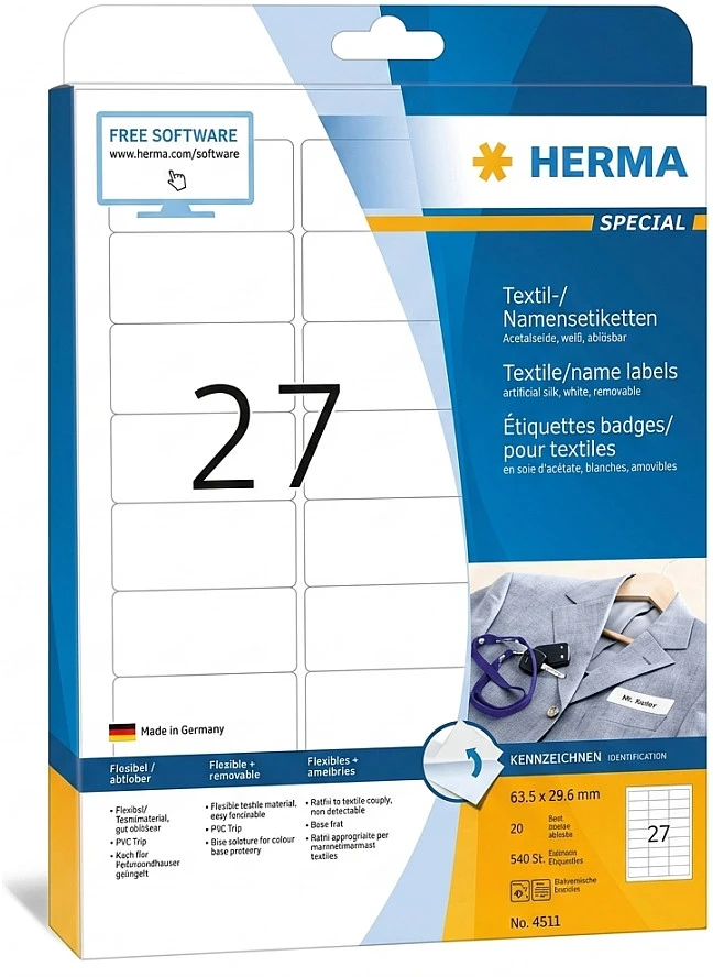 Herma Etiketės su pavadinimais, nuimamos, A4, 63,5 x 29,6 mm, balta, iš acetatinio šilko, spaudai - 4511