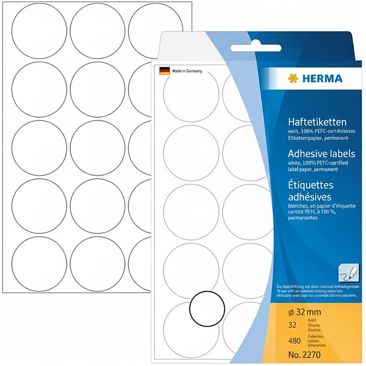Herma Lipnios etiketės, apvalas, balta 32 mm 480 vnt - 2270